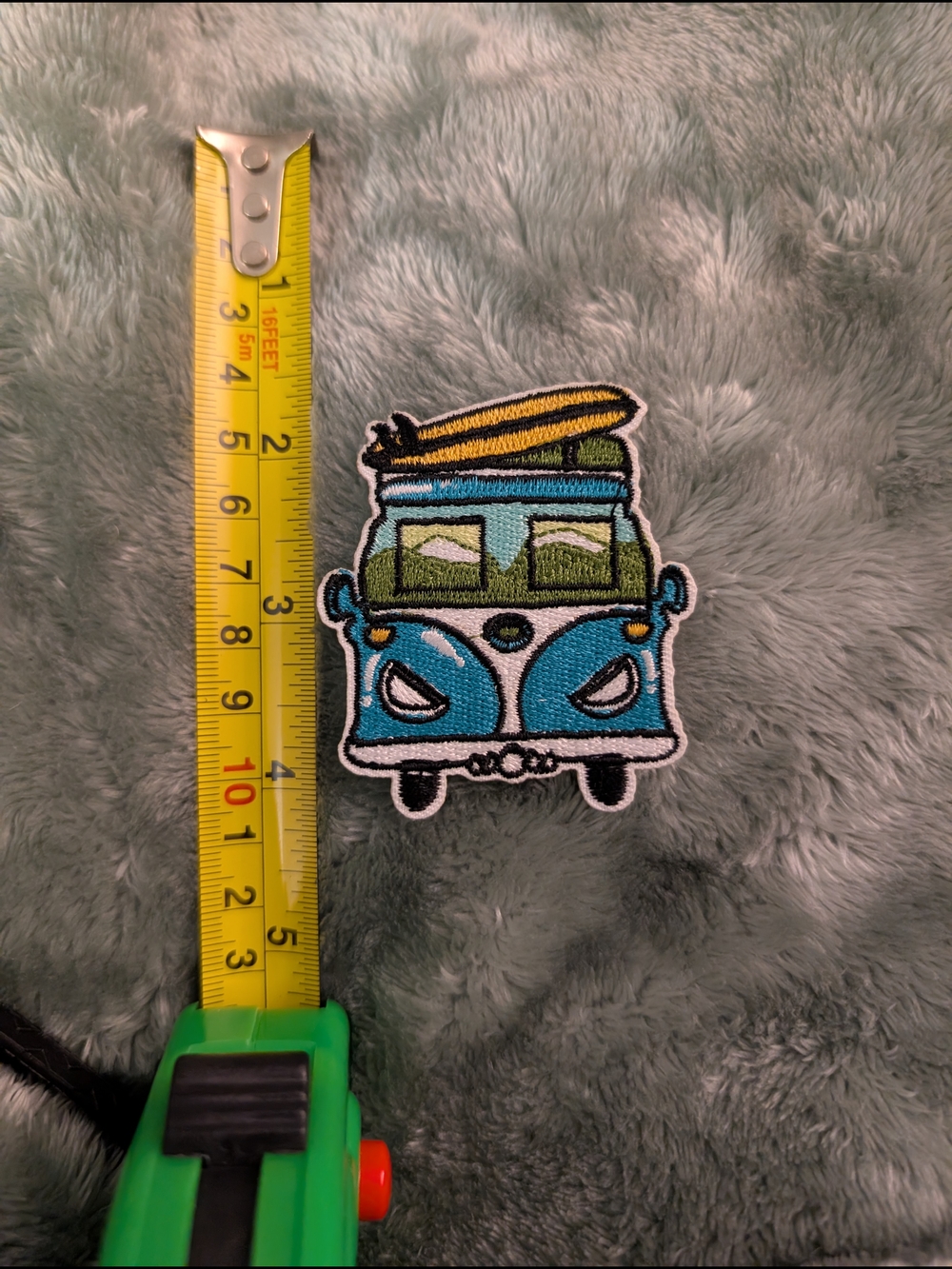 Blue Surf Van Iron-On Patch with Yellow Surfboard